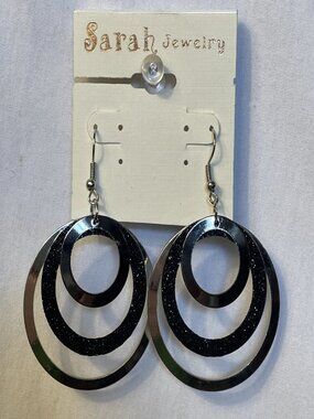 Sarah Jewelry Triple Circle Hoop Earrings Silver Black Sparkle Dangle